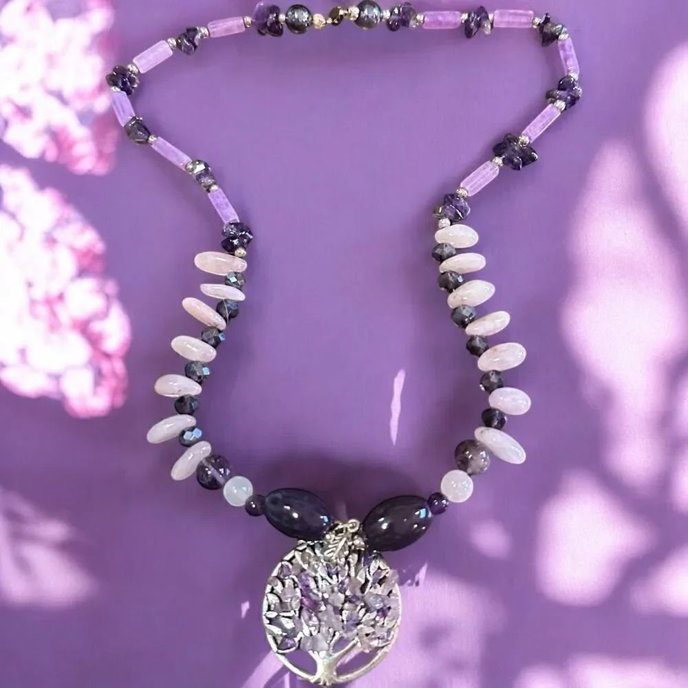 One of a Kind Rare Handcrafted Genuine Amethyst & Rose Quartz Pendant Necklace